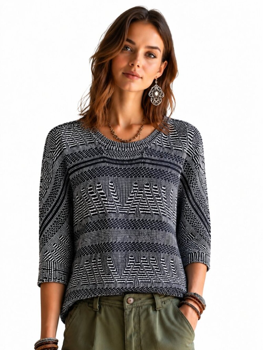 Pure cotton Vintage Sussan Geometric Knit Sweater | Navy & White | 3/4 Sleeve